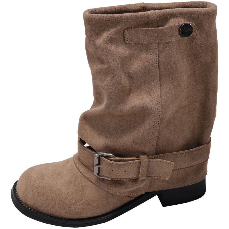 Vintage Thick Heel Women Western Cowboy Boots Fashion Belt Buckle Slip On Shoes Ladies Pleated Short Booties Autumn Winter