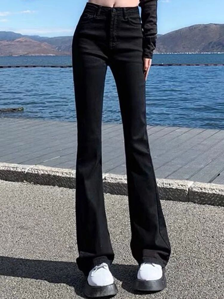 Women Korean Flare Jeans Girls High Waist Elastic Boot Cut Pants Lady Vintage Blue Black Gray Brown Denim Bell Bottom Trousers