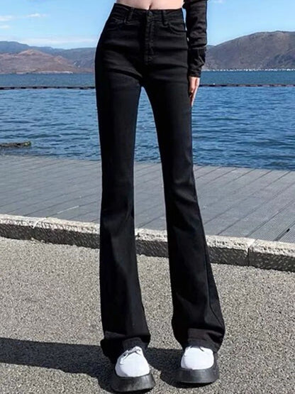 Women Korean Flare Jeans Girls High Waist Elastic Boot Cut Pants Lady Vintage Blue Black Gray Brown Denim Bell Bottom Trousers