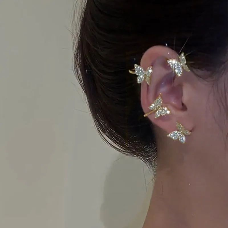 Brincos Borboleta de Metal Banhado a Prata Sem Furo para Mulheres Brilhantes Zircônia Fio de Orelha Clipe Brincos Joias de Casamento