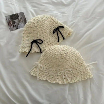 Chapéu de Sol Coreano com Laço de Primavera e Verão, Chapéu Bucket Doce da Moda, Chapéu de Sol Feminino de Palha de Cor Sólida de Malha Respirável para Exteriores