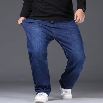 42-50 Plus Size Men's Jeans Business Casual Denim Pants High Waist Straight Leg Loose Elastic Comfortable Trousers Male Clothing