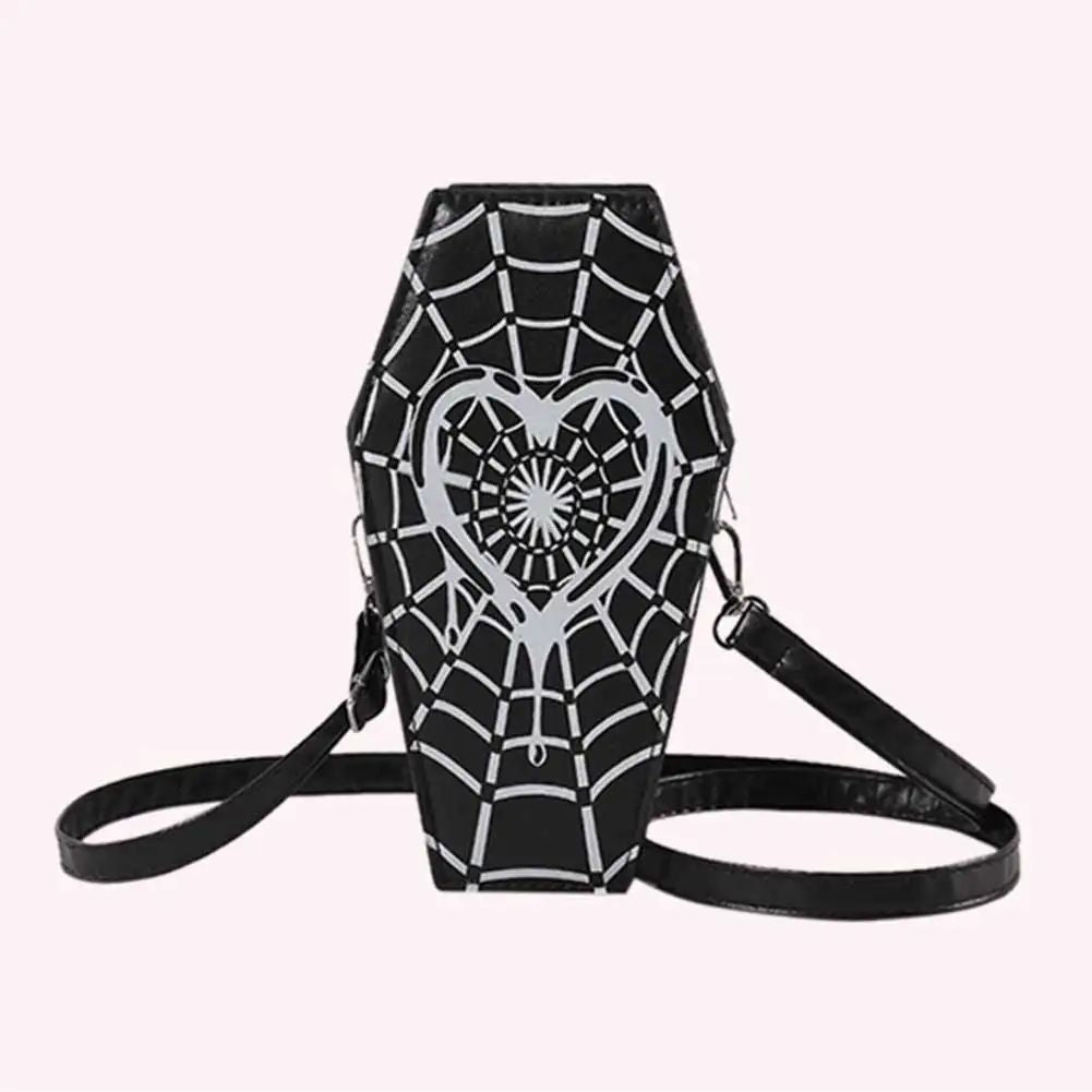 Women Fashion Shoulder Bag Large Capacity Coffin Shaped Casual Satchel Bag Adjustable Strap Spider Web PU Leather Chic Hobo Bag