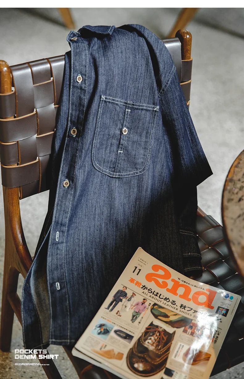 Maden Vintage Washed Pockets Denim Shirt for Men Casual Button Down Long Sleeve Shirt Male Loose Workwear Tops Large Pocket