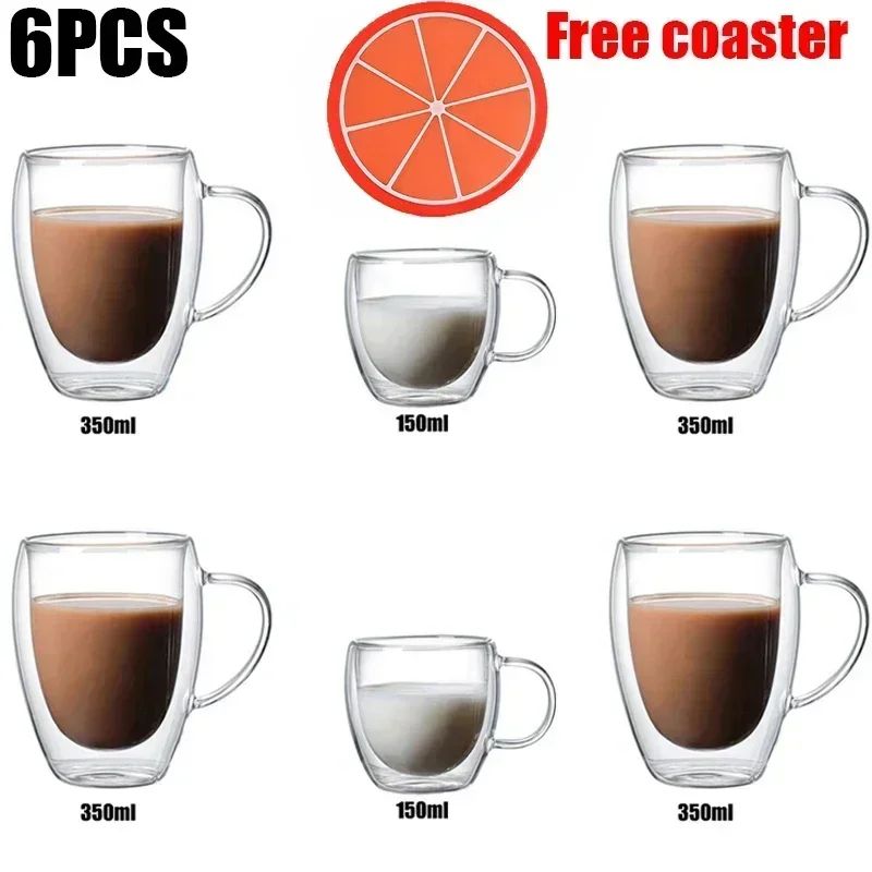 Caneca transparente de parede dupla 2-6 peças Copo de café e leite de vidro borossilicato alto resistente ao calor para casa e escritório