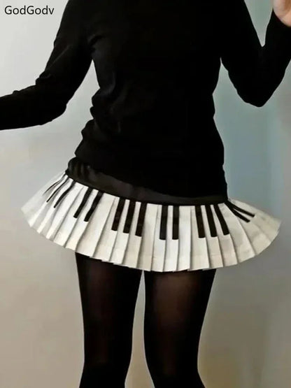 2000s Aesthetic Elegant Women Piano Skirt Stripe Design Y2k Slim Mini Skirt Female Black White Spliced Korea Style Chic Outfits