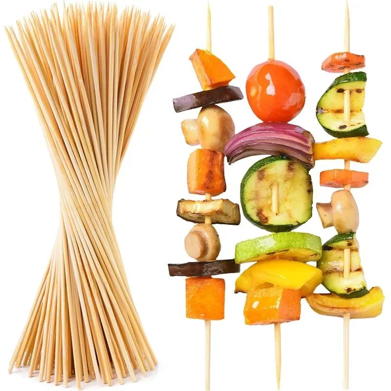 90/450pcs Bamboo Stick Food Grade Bamboo Skewer Sticks Disposable Natural Wood Long Stick Barbecue Fruit BBQ Tools 15/20/25/30cm