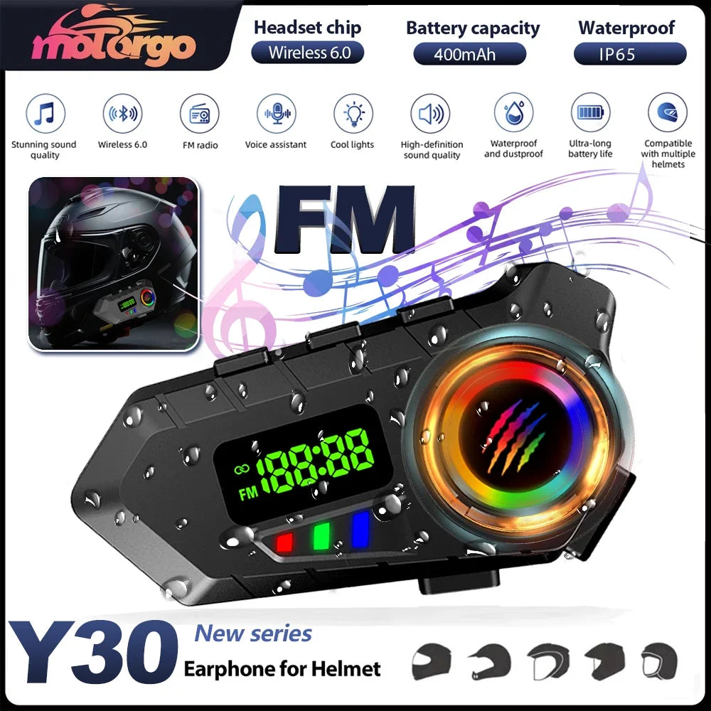 Motorcycle Helmet Headset Bluetooth 6.0 FM Radio Waterproof LCD Display Communication System for Motorbike Riders