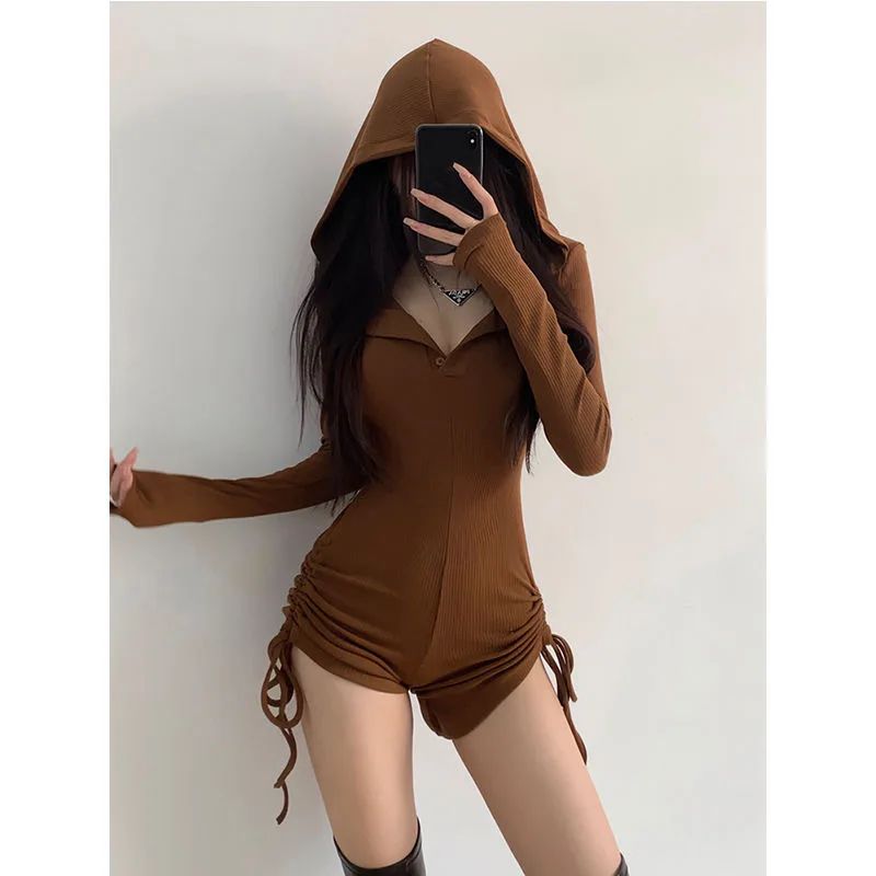 American Style Casual Hooded Jumpsuit Women's Slimming Fitness Clothes Tight High Waist Long Sleeve Yoga One-Piece Suit