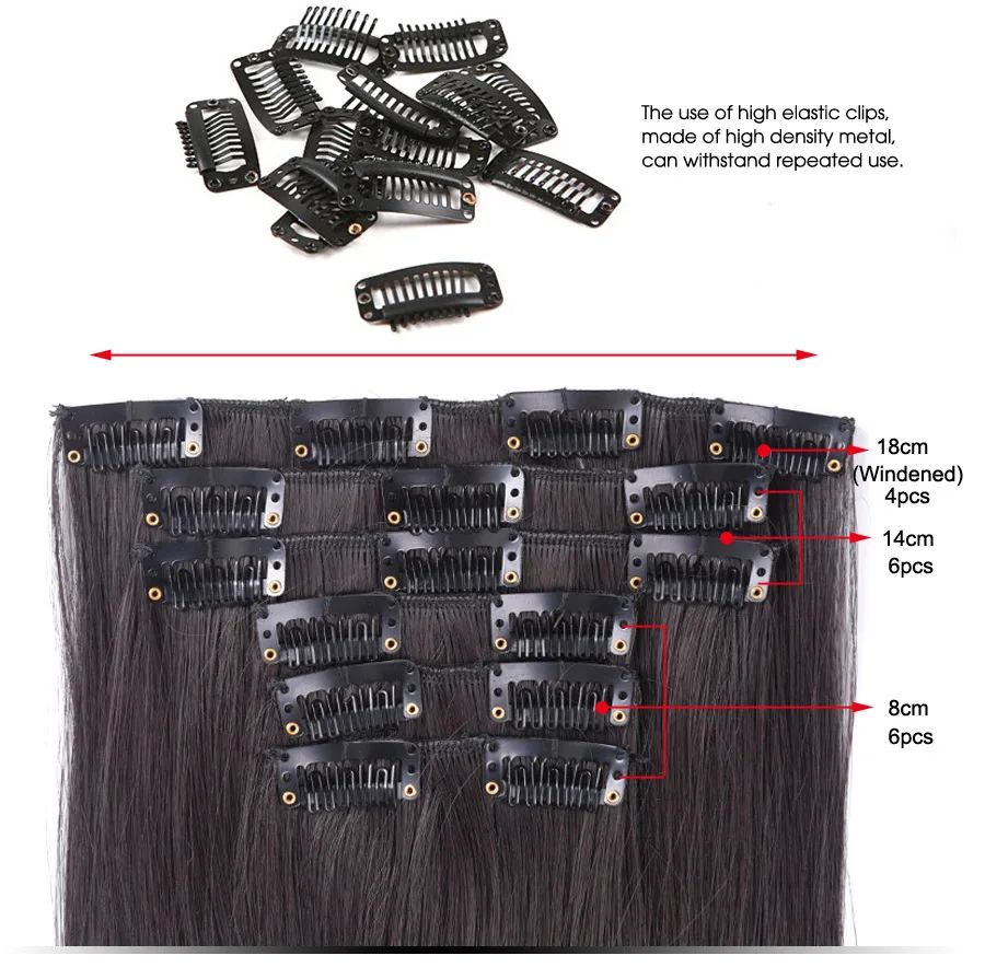 22 Polegadas Sintético Cabelo Liso Longo 16 Clipes 6 Peças/Conjunto Apliques de Cabelo Loiro Preto Resistente ao Calor Para Mulheres