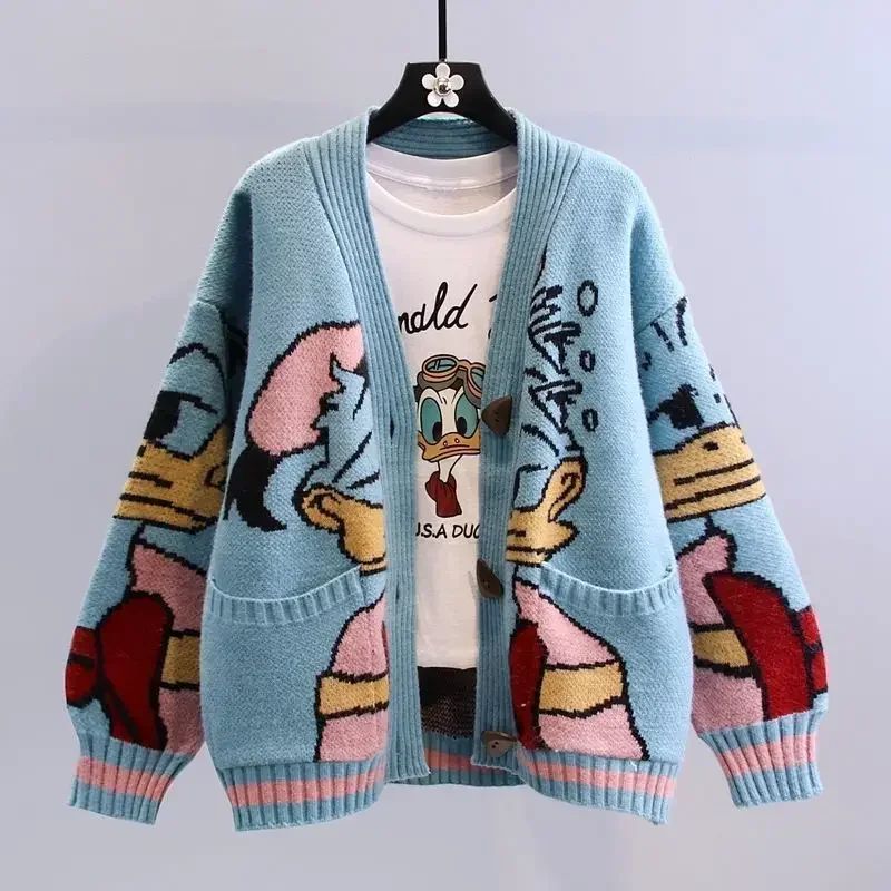 Suéter Disney Pato Donald Anime Desenho Animado Casaco Feminino Outono/inverno Cardigã Solto Suéter de Malha Blusa Presente para Menina