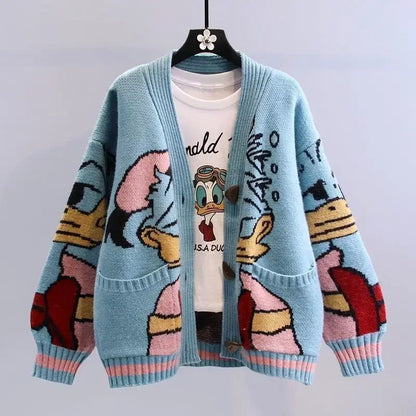 Suéter Disney Pato Donald Anime Desenho Animado Casaco Feminino Outono/inverno Cardigã Solto Suéter de Malha Blusa Presente para Menina