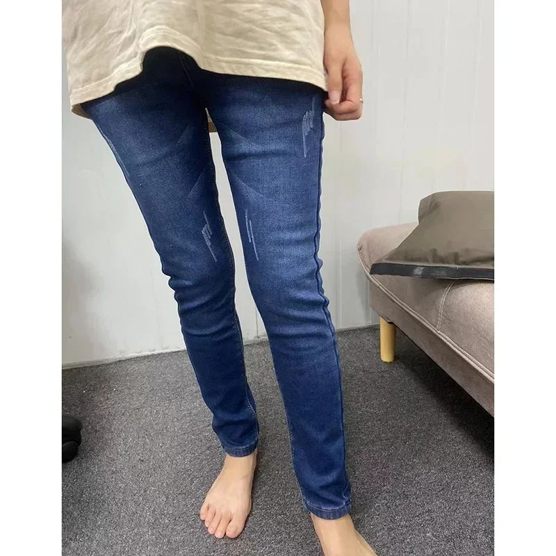 Winter Lady Thermal Plush Jeans Snow Warm Stretch Jeans Hot Sale High Waist Fleece Pants Female Straight Leg Denim Trousers