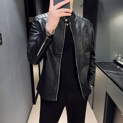 Spring and Autumn Men's Motorcycle Leather Jacket Casual Stand Collar Solid Color White Black Leather Jacket Zip Up PU Coat