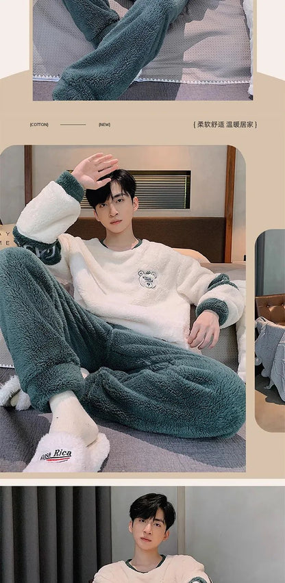 Thickened Warm Sleepwear for Winter Coral Velvet Autumn and Winter Men Flannel Loungewear Large Size 2 Piece Set Homewear
