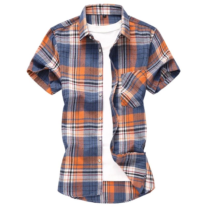 2025 new red summer men's shirts short-sleeved plaid fat big yards youth casual shirt.