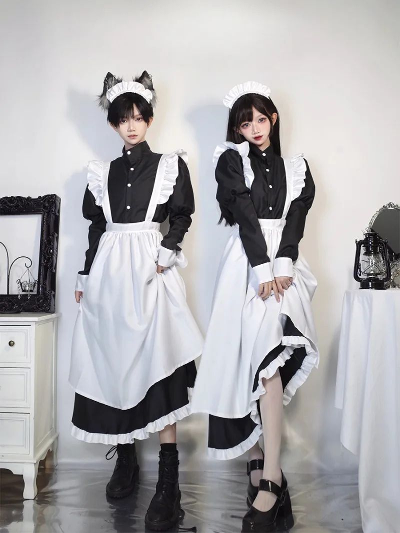 Japanese Style Maid Outfit Black White Long Dress Lolita Unisex Men Women Halloween Costume Uniform Full Set Adults Plus Size