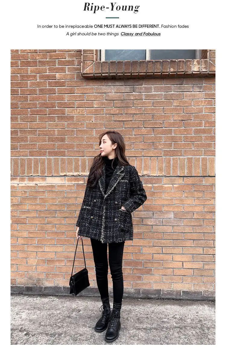 Thickened Cotton Tweed Coat for Women Spring Loose Plaid Outerwear Cozy Style Large Size Patchwork Small Suiting
