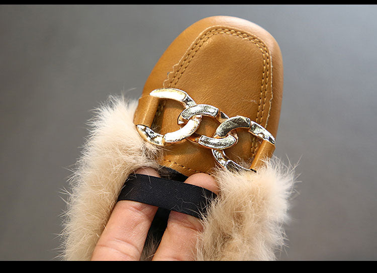 Kids Fur Shoes Children Velvet Shoes Baby Girls Warm Flats Toddler Black Brand Shoes Princess Loafer Chain Moccasin For Winter