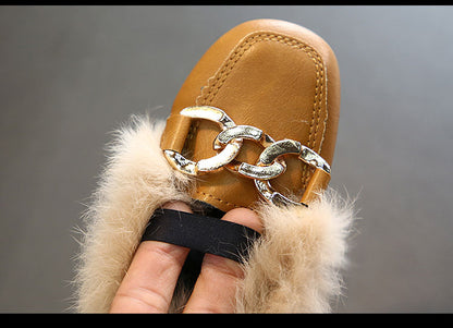 Kids Fur Shoes Children Velvet Shoes Baby Girls Warm Flats Toddler Black Brand Shoes Princess Loafer Chain Moccasin For Winter