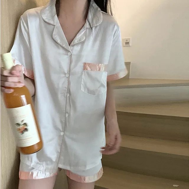 Pyjama Summer New Ladies Sweet Satin Silk Floral Printed Pajamas Set Short Sleeve+Pants Women Ice Silk Cute Homewear Casual Wear