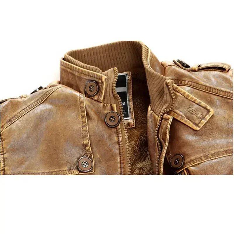 Men Slim Warm Washed Leather Motorcycle Jacket High Quality Leather Jacket Mens Standing Collar Coat Plus Size 4XL Long Parkas