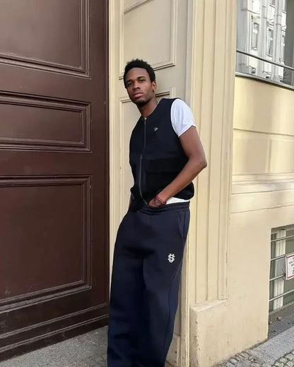 Calça Moletom Bordada Su Jogger Hip Hop Rosa Casual Cintura Elástica Masculina Americana Marinho Y2K Moeda Berlim Street Estilo Anos 2000