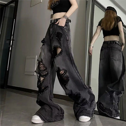 Unique Cool Ripped Jeans Women's Summer Distressed American Style Bell Bottoms Loose Fit Versatile Straight Leg Long Pants