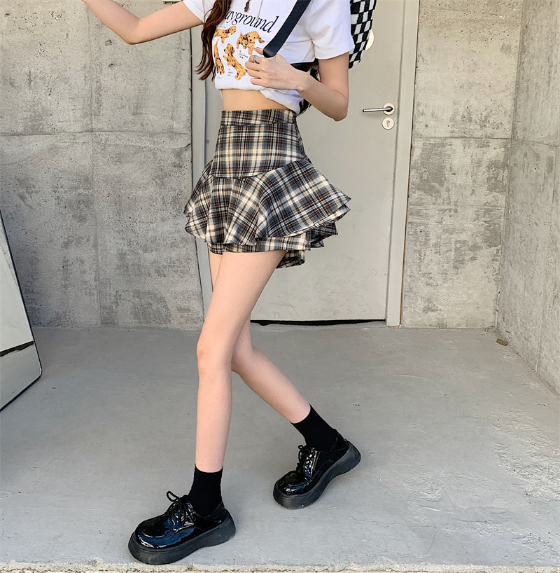 Tiered Mini Skirt Y2K High Waist Tartan Ruffled Plaid Skirt Skort Women Aesthetic Outfit