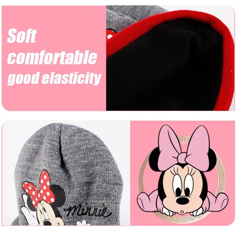 Disney Minnie Mouse Conjunto de Luvas e Gorro de Tricô Desenho Animado Infantil Doce Touca Menina Gorro Gorrinho Menina Acessórios Quentes de Inverno ao Ar Livre
