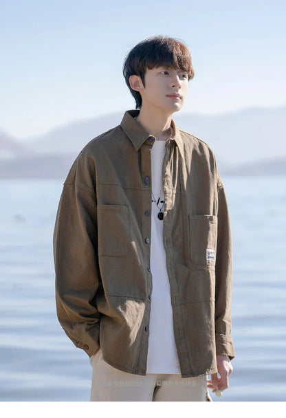 Japanese Series Men's Shirts Casual Vintage Cargo Jacket Top Spring Autumn Solid Blouses Single Breasted Male Clothes Streetwear
