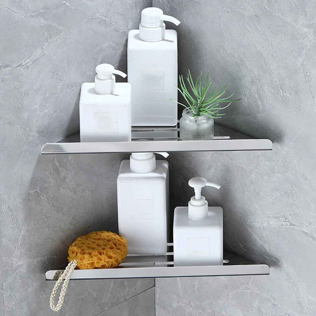 Prateleira de Banheiro de Canto para Chuveiro Sem Furos Prateleira de Canto de Aço Inoxidável 304 Organizador de Armazenamento Resistente Oco para Shampoo