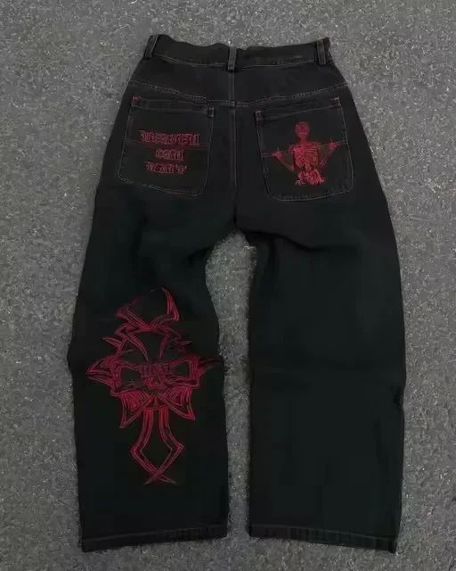NOVOJeans Estampado Cartum Gótico Retrô Ceifador Vintage Masculino e Feminino Calça de Cintura Baixa Perna Larga Hip Hop Roupa