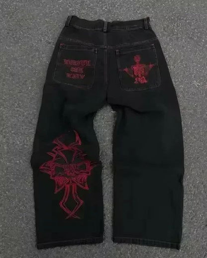 NOVOJeans Estampado Cartum Gótico Retrô Ceifador Vintage Masculino e Feminino Calça de Cintura Baixa Perna Larga Hip Hop Roupa