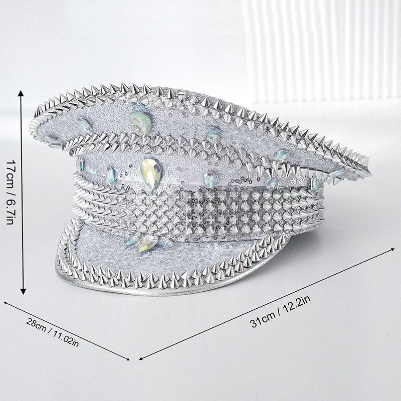 Chapéu de Capitão Chapéu Punk de Lantejoulas Coloridas com Strass para Festa Festival Aniversário Casamento Chapéu de Noiva Chapéu de Palco para Mulheres e Homens