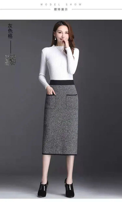 New Style Gold Mink Cashmere Elastic High Waist Office Lady Knee-length Skirts Solid Split Fork Hip Wrap Skirt High Elasticity