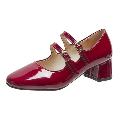 Sapatos Femininos Mary Janes com Fivela Dupla Primavera Outono Sapatos de Vestido em Couro Envernizado Scarpins Salto Alto Sapatos Retrô para Senhoras Preto Vermelho