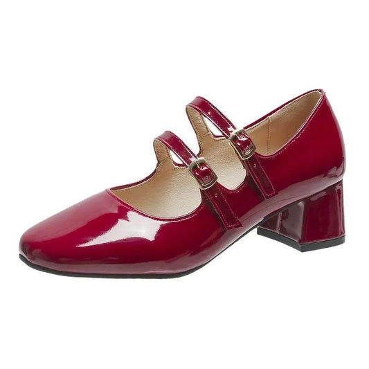 Sapatos Femininos Mary Janes com Fivela Dupla Primavera Outono Sapatos de Vestido em Couro Envernizado Scarpins Salto Alto Sapatos Retrô para Senhoras Preto Vermelho