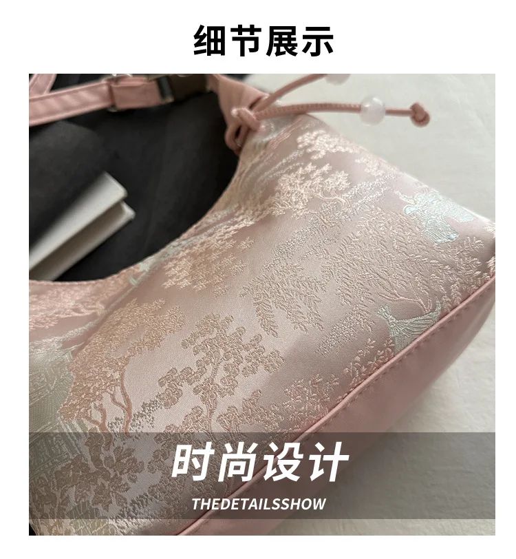 Sweet Embroidery Shoulder Bag Nylon Texture Pearl Pendant Crossbody Bag Small Bucket Handbag Women Canvas Luxury Cheongsam Bag