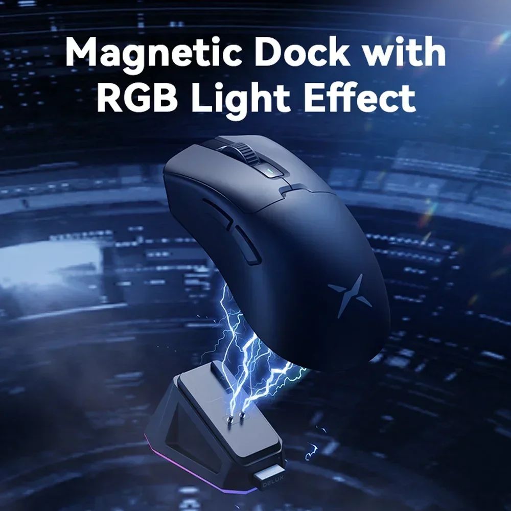 Mouse Gamer Sem Fio Delux M900PRO Ergonômico Taxa de Polling 8K PAW3395 63g Dock de Carregamento Magnético RGB para PC Gamer com Mão Grande Direita