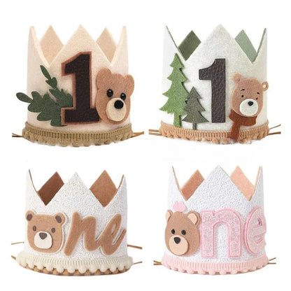 Cartoon Bear One Year Old Crown Baby Jungle Safari 1st Birthday Pink Brown Bear Crown Boy Girl First Birthday Party Decor Hat