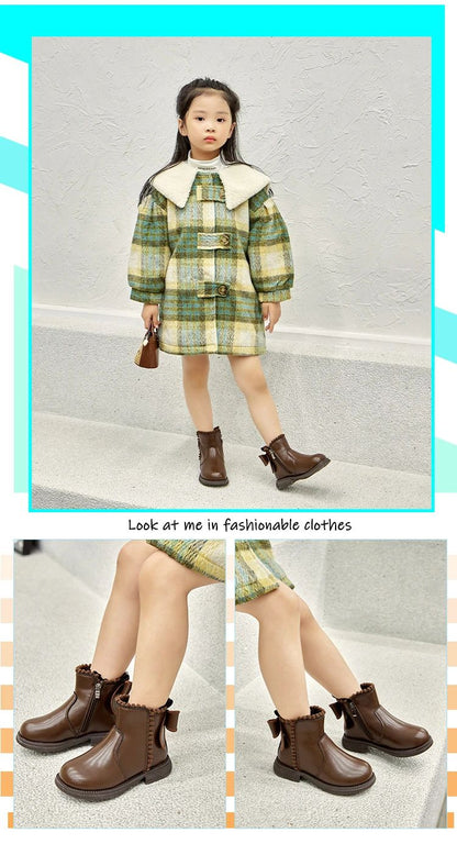 Girls Ankle Boots with Back Bow-knot Kids Short Boots Soft Sole 2025 New Girls' Princess Leather Boots with Warm Cotton Side Zip