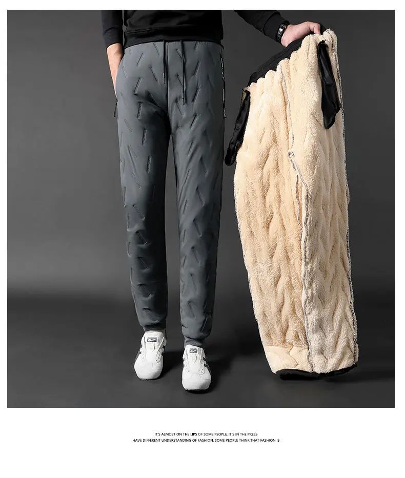 Calça Moletom Masculina Jogger Impermeável Forrada de Lã Grossa Calças de Treino Esportivas Quentes de Inverno com Zíper e Bolsos