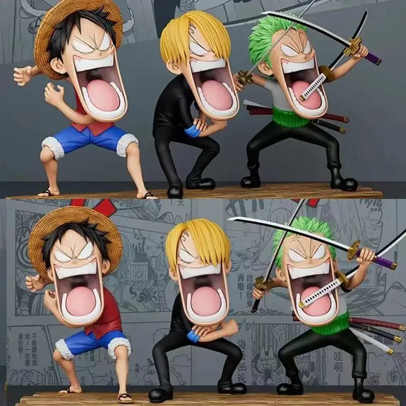 Conjunto de 3 peças One Piece Hungry Trio, Capitão Sanji, Monkey D. Luffy, Roronoa Zoro, modelo de action figure divertido de anime, brinquedo colecionável