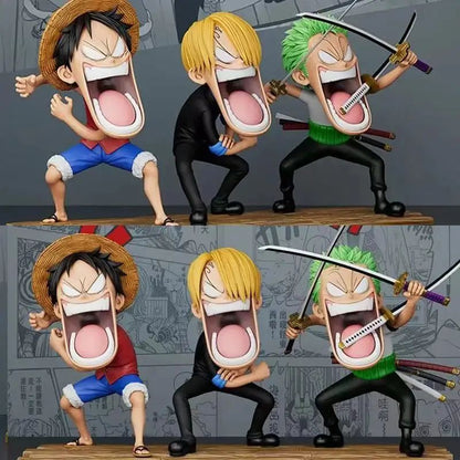 Conjunto de 3 peças One Piece Hungry Trio, Capitão Sanji, Monkey D. Luffy, Roronoa Zoro, modelo de action figure divertido de anime, brinquedo colecionável