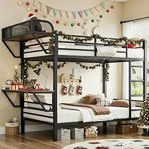 Twin Over Twin Metal Bunk Beds with Power Outlets & Desk, Heavy-Duty Frame with Safety Guardrail & Ladders, U