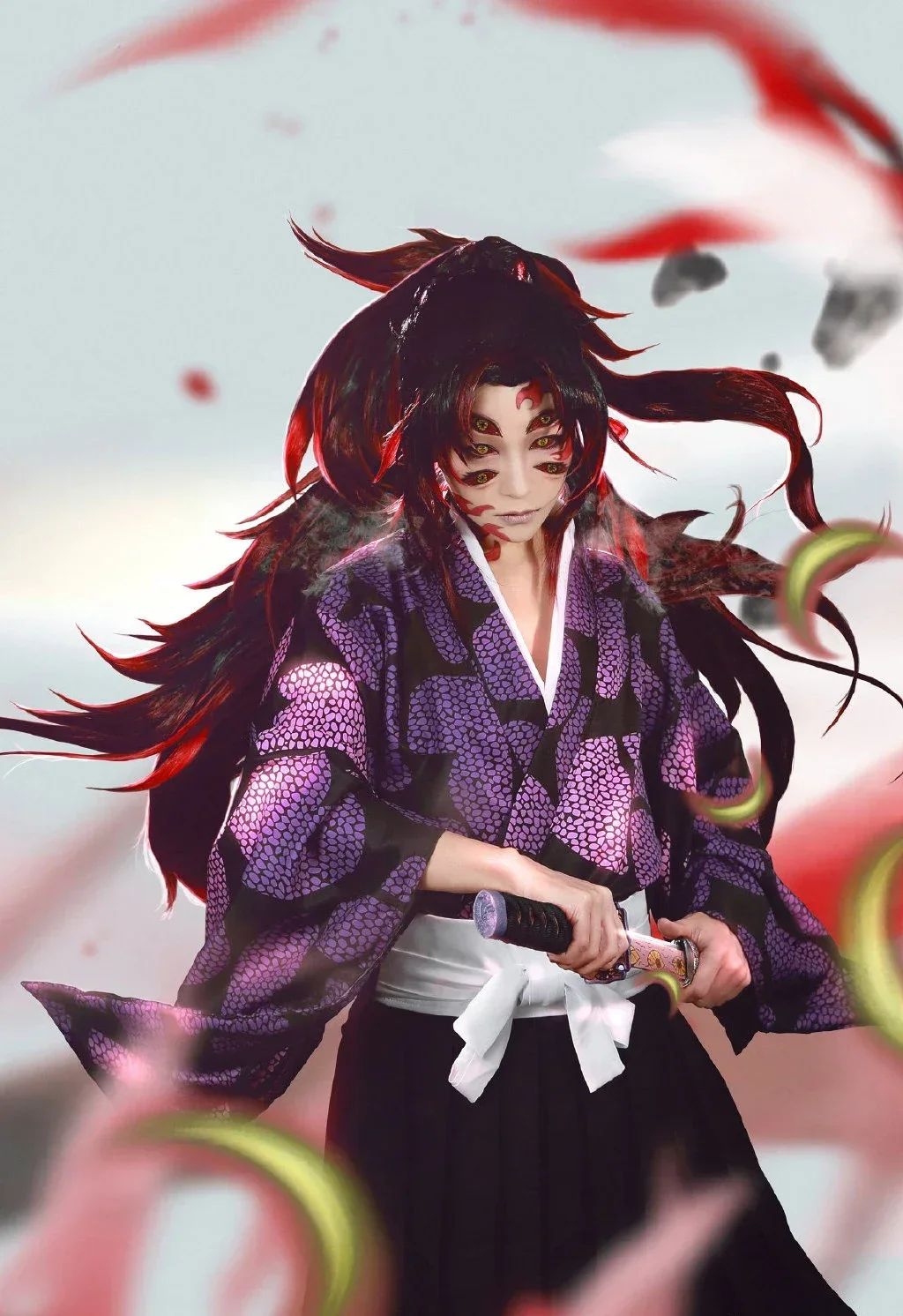 2026 New Edition Kokushibo Role-Play Wig, Temporary Tattoos, Anime-Print Kimono Top, Halloween Party Costume