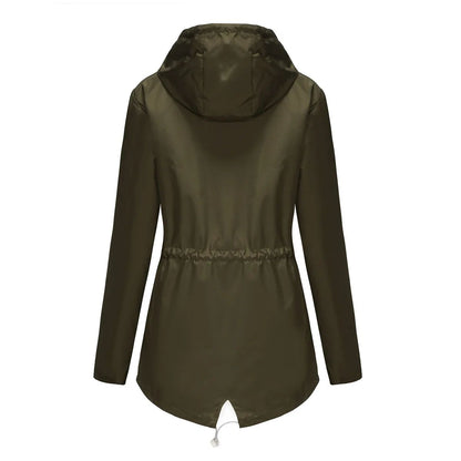 Blue Waterproof Hooded Jacket Women Fashion Casual Coat Waist Drawstring Tie Zipper Switch Red Green Yellow Black Windbreaker