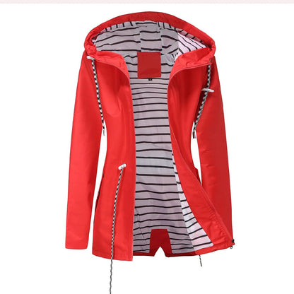 Blue Waterproof Hooded Jacket Women Fashion Casual Coat Waist Drawstring Tie Zipper Switch Red Green Yellow Black Windbreaker