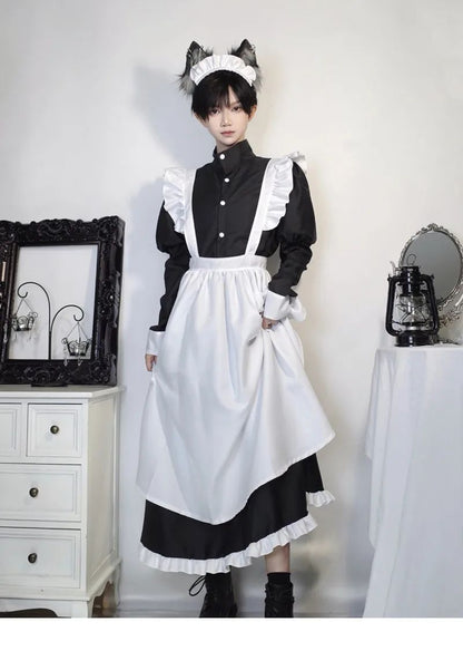 Japanese Style Maid Outfit Black White Long Dress Lolita Unisex Men Women Halloween Costume Uniform Full Set Adults Plus Size